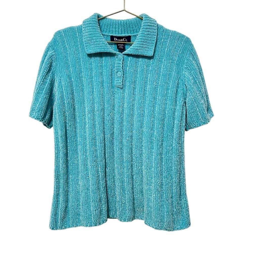 Denim&Co Womens Ribbed Polo Sweater Turquoise Medium Chenille Retro Preppy